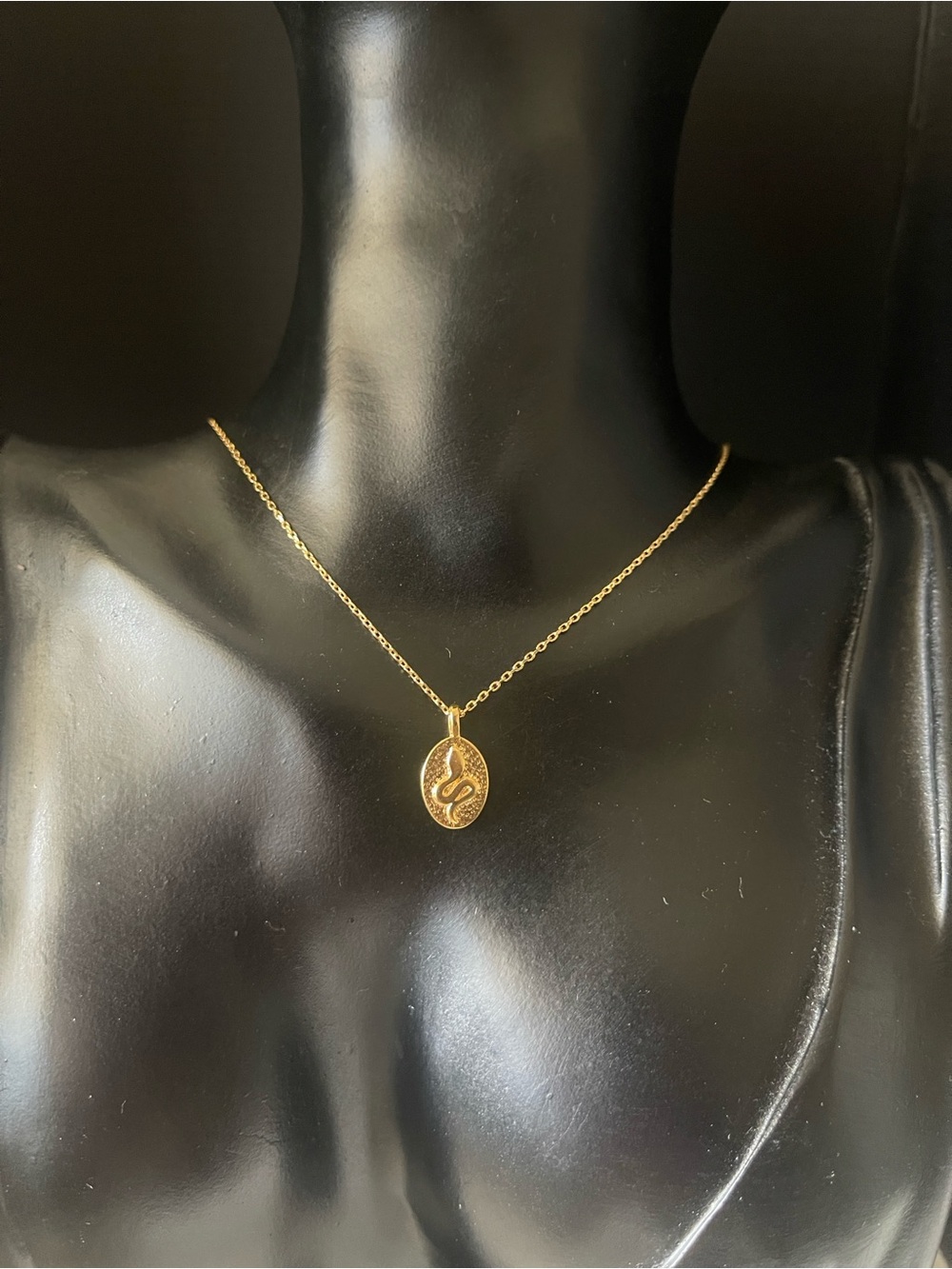Gold tone serpent oval coin stainless steel necklace